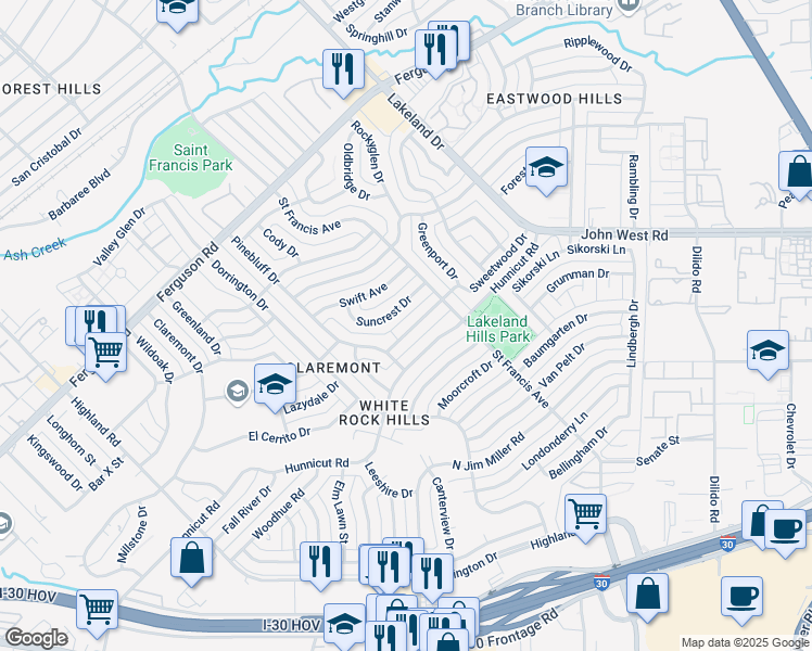 map of restaurants, bars, coffee shops, grocery stores, and more near 8428 Sweetwood Drive in Dallas