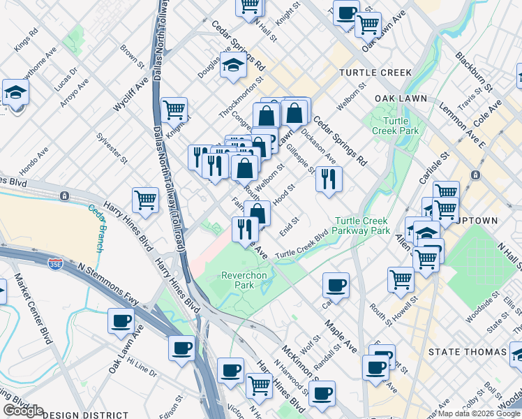 map of restaurants, bars, coffee shops, grocery stores, and more near 3534 Fairmount Street in Dallas