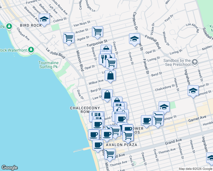 map of restaurants, bars, coffee shops, grocery stores, and more near 948 Beryl Street in San Diego