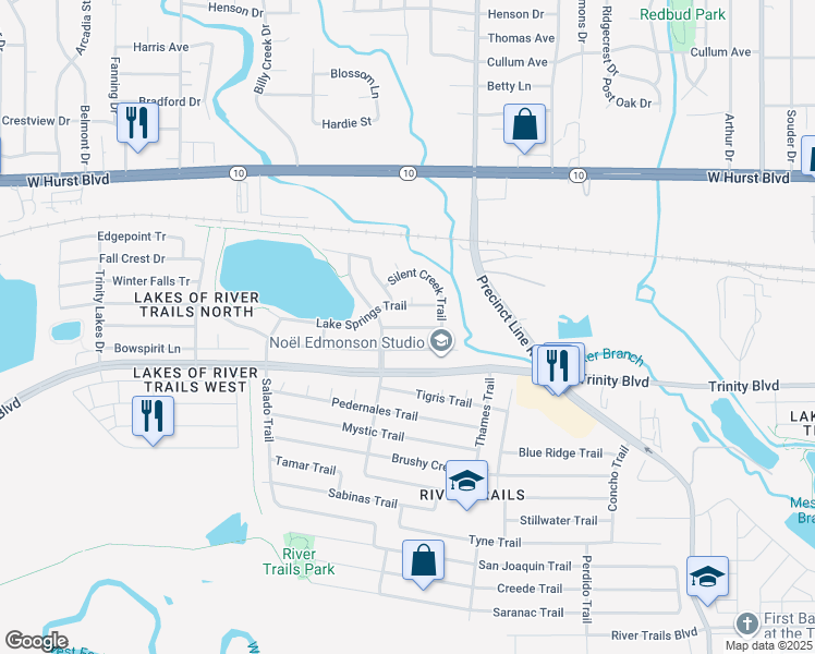 map of restaurants, bars, coffee shops, grocery stores, and more near Lake Meadows Lane in Fort Worth