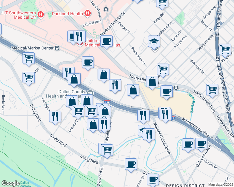 map of restaurants, bars, coffee shops, grocery stores, and more near 2222 Stemmons Freeway in Dallas