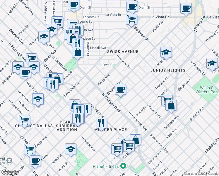 map of restaurants, bars, coffee shops, grocery stores, and more near 5307 Gaston Avenue in Dallas