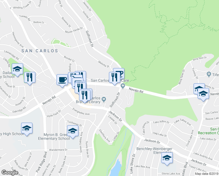 map of restaurants, bars, coffee shops, grocery stores, and more near 7225 Navajo Road in San Diego