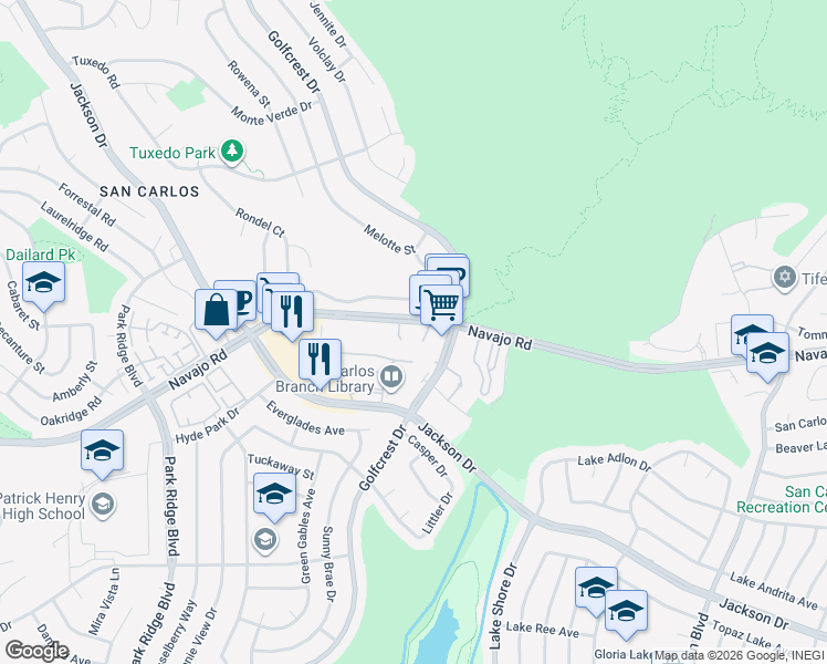 map of restaurants, bars, coffee shops, grocery stores, and more near 7227 Navajo Road in San Diego
