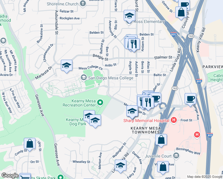 map of restaurants, bars, coffee shops, grocery stores, and more near 7250 Mesa College Drive in San Diego