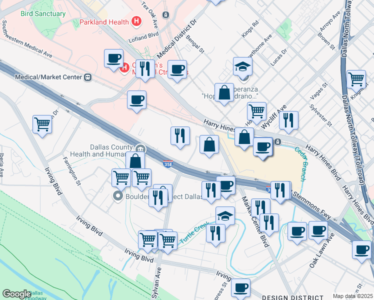 map of restaurants, bars, coffee shops, grocery stores, and more near 2222 North Stemmons Freeway in Dallas