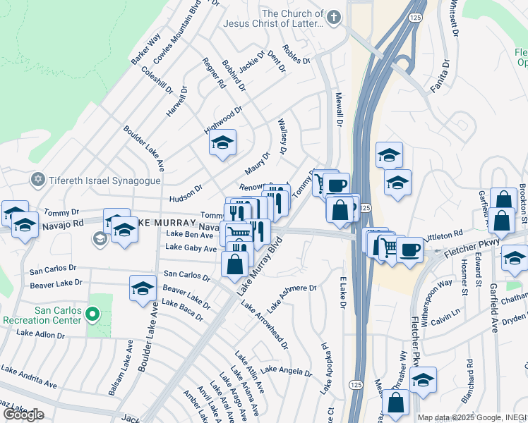 map of restaurants, bars, coffee shops, grocery stores, and more near 8602 Tommy Drive in San Diego
