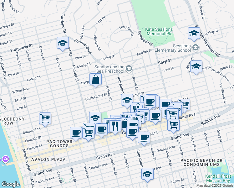 map of restaurants, bars, coffee shops, grocery stores, and more near 1541 Chalcedony Street in San Diego