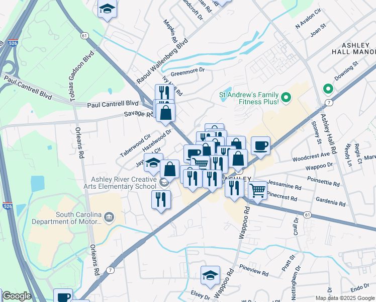 map of restaurants, bars, coffee shops, grocery stores, and more near 1812 Wallace School Road in Charleston