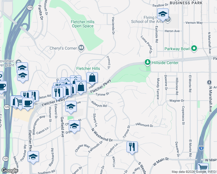 map of restaurants, bars, coffee shops, grocery stores, and more near 663 Tyrone Street in El Cajon