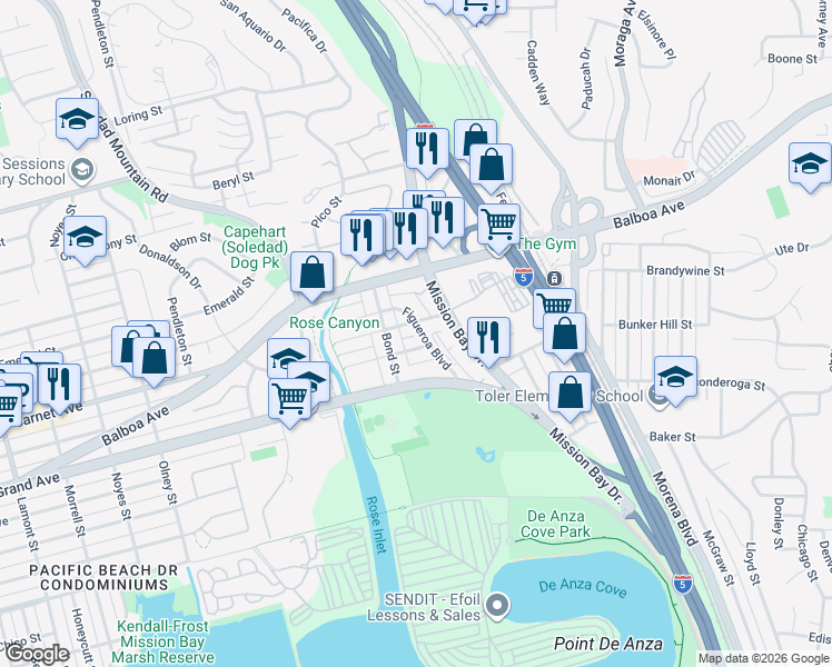 map of restaurants, bars, coffee shops, grocery stores, and more near in San Diego