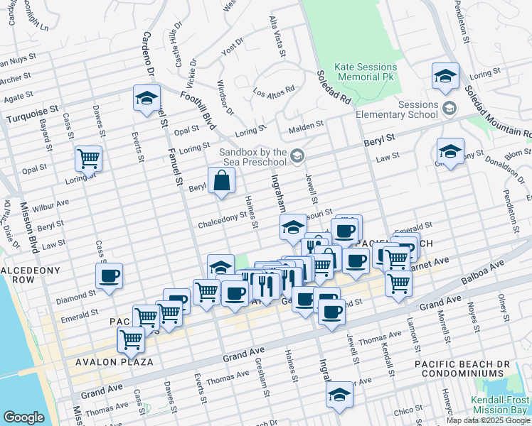 map of restaurants, bars, coffee shops, grocery stores, and more near 1536 Missouri Street in San Diego