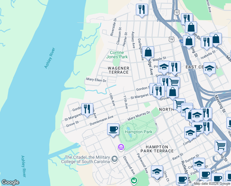 map of restaurants, bars, coffee shops, grocery stores, and more near 101 Gordon Street in Charleston