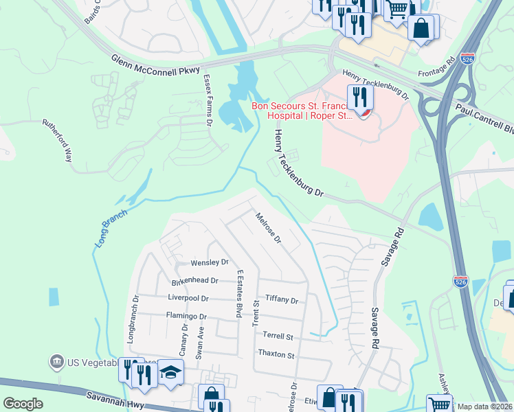 map of restaurants, bars, coffee shops, grocery stores, and more near 2413 Pleasant Garden Drive in Charleston
