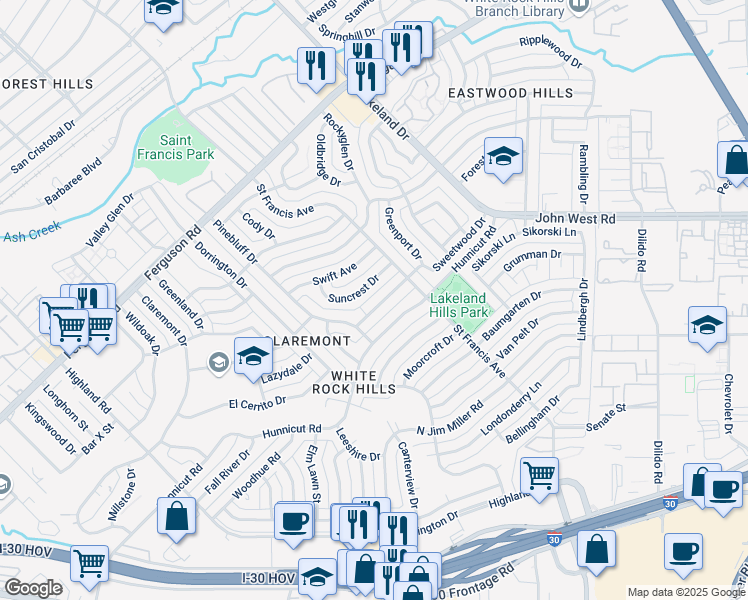 map of restaurants, bars, coffee shops, grocery stores, and more near 8428 Sweetwood Drive in Dallas