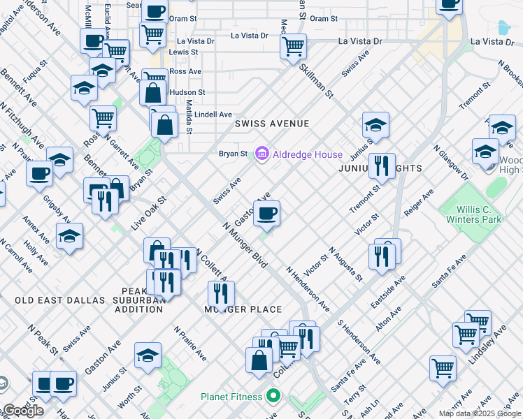 map of restaurants, bars, coffee shops, grocery stores, and more near 710 Dumas Street in Dallas