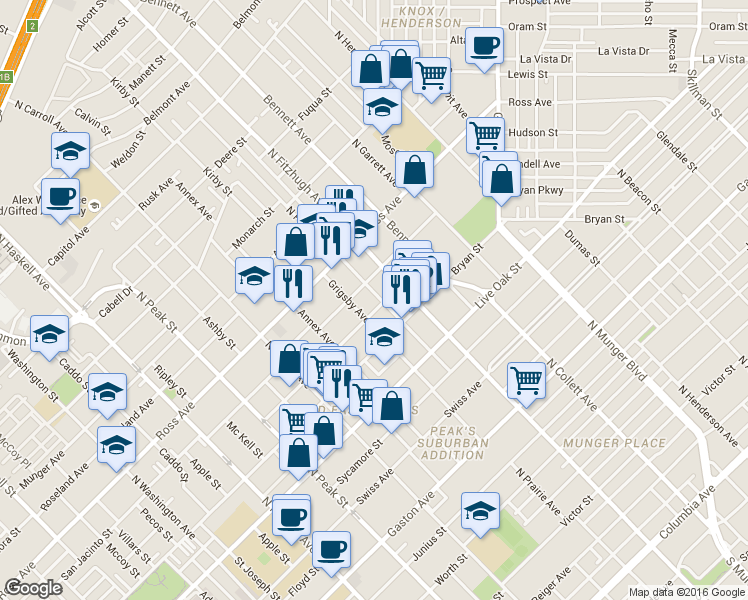 map of restaurants, bars, coffee shops, grocery stores, and more near 4710 Virginia Avenue in Dallas
