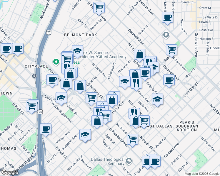map of restaurants, bars, coffee shops, grocery stores, and more near 4326 Munger Avenue in Dallas