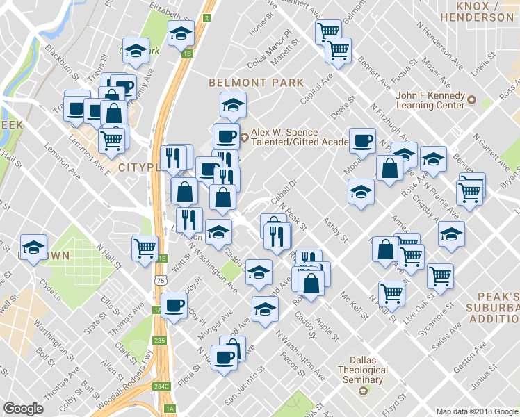 map of restaurants, bars, coffee shops, grocery stores, and more near 4109 Cabell Drive in Dallas