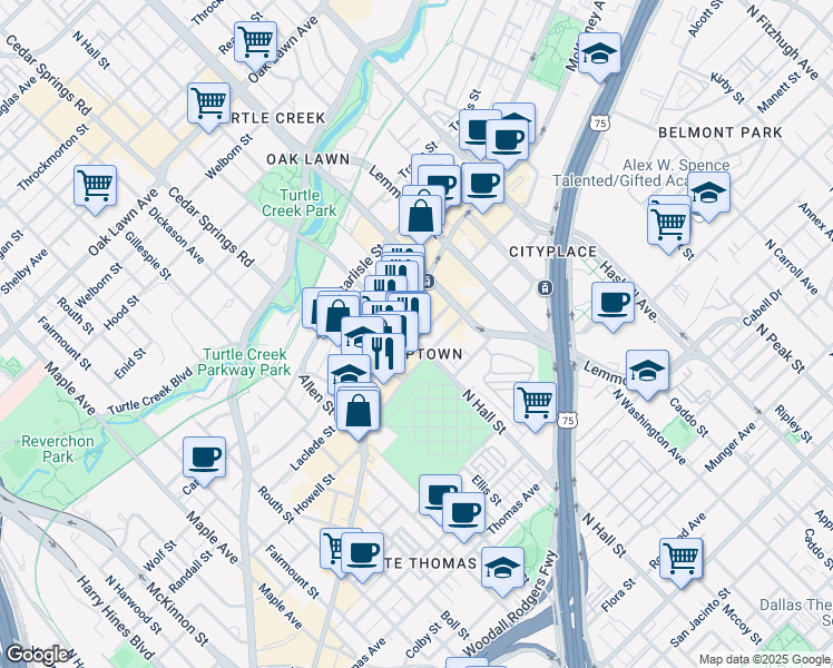 map of restaurants, bars, coffee shops, grocery stores, and more near 3232 McKinney Avenue in Dallas