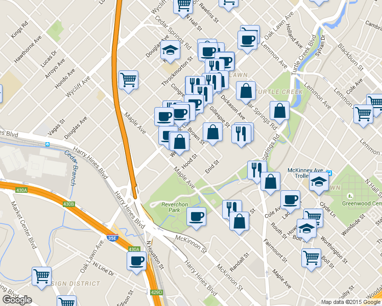map of restaurants, bars, coffee shops, grocery stores, and more near 3534 Fairmount Street in Dallas