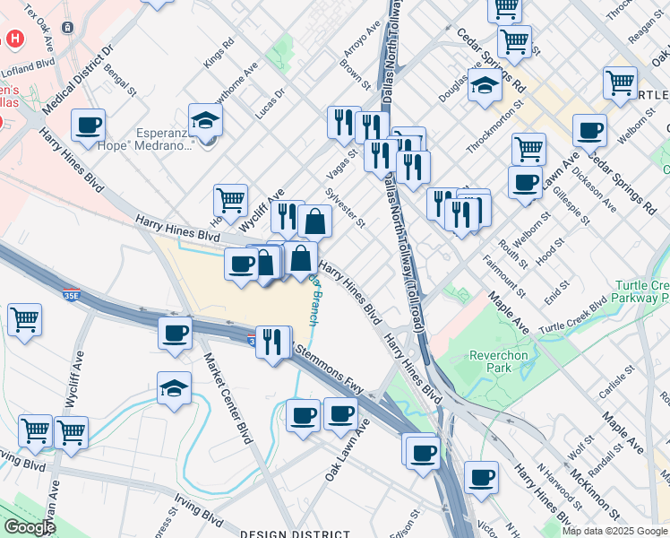 map of restaurants, bars, coffee shops, grocery stores, and more near 400 Harry Hines Boulevard in Dallas