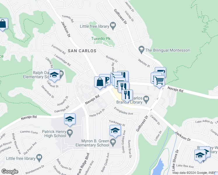 map of restaurants, bars, coffee shops, grocery stores, and more near 7451 Jackson Dr in San Diego