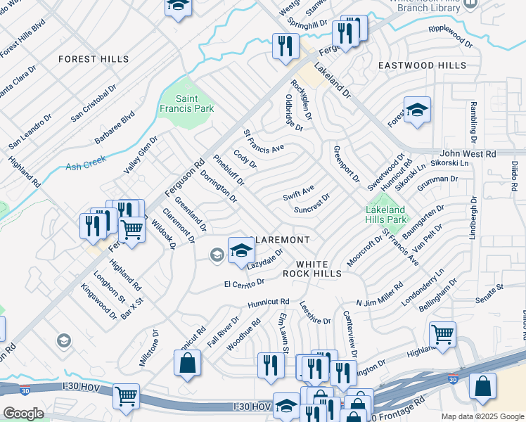 map of restaurants, bars, coffee shops, grocery stores, and more near 2462 Dorrington Drive in Dallas
