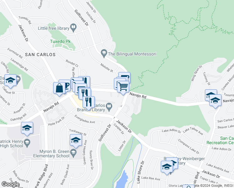 map of restaurants, bars, coffee shops, grocery stores, and more near 7225 Navajo Road in San Diego