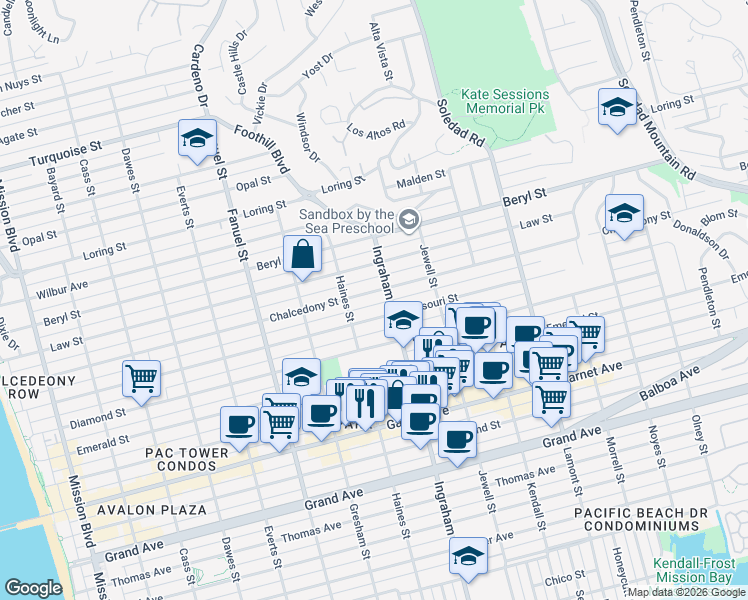 map of restaurants, bars, coffee shops, grocery stores, and more near 1551 Chalcedony Street in San Diego