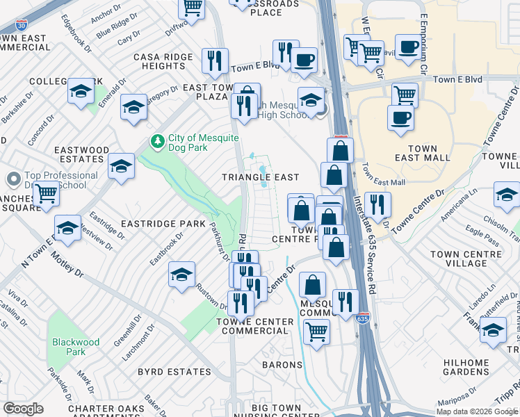 map of restaurants, bars, coffee shops, grocery stores, and more near 2216 John Glenn Parkway in Mesquite