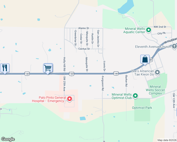 map of restaurants, bars, coffee shops, grocery stores, and more near 2320 U.S. 180 in Mineral Wells