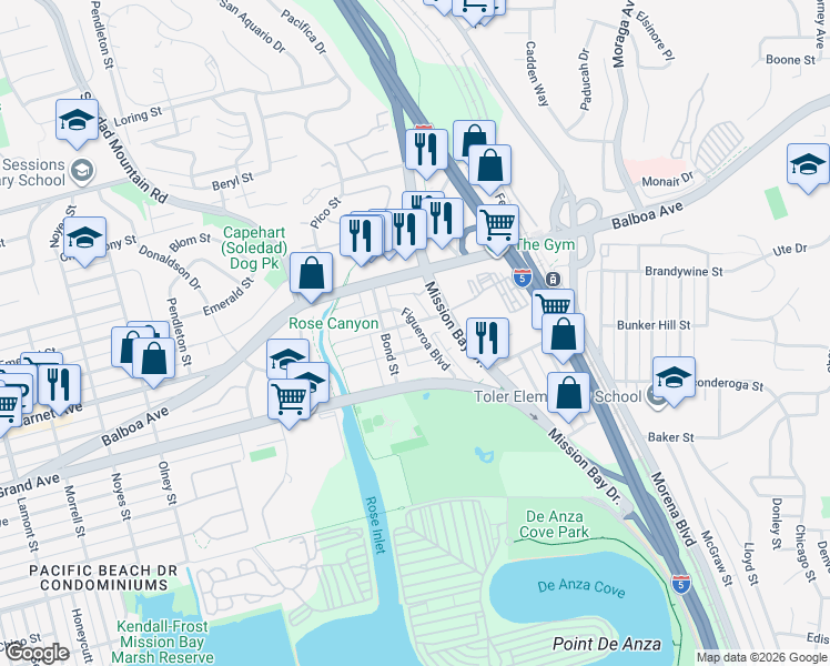 map of restaurants, bars, coffee shops, grocery stores, and more near 2755 Hornblend Street in San Diego