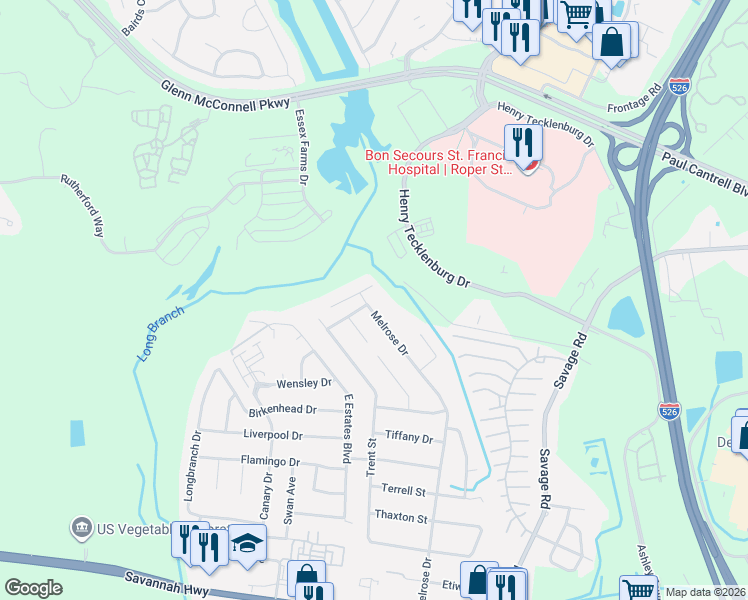 map of restaurants, bars, coffee shops, grocery stores, and more near 2413 Pleasant Garden Drive in Charleston