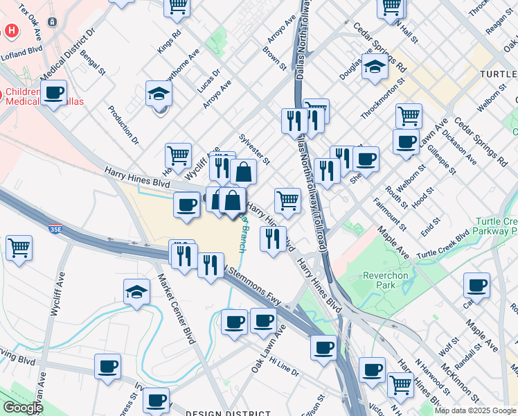 map of restaurants, bars, coffee shops, grocery stores, and more near 4114 Harry Hines Boulevard in Dallas