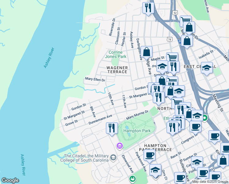 map of restaurants, bars, coffee shops, grocery stores, and more near 101 Gordon Street in Charleston