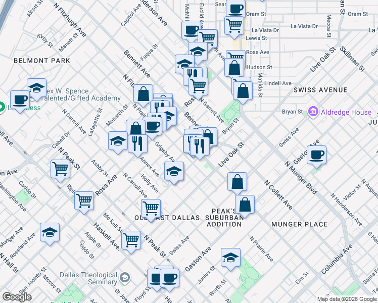 map of restaurants, bars, coffee shops, grocery stores, and more near 4806 Virginia Avenue in Dallas