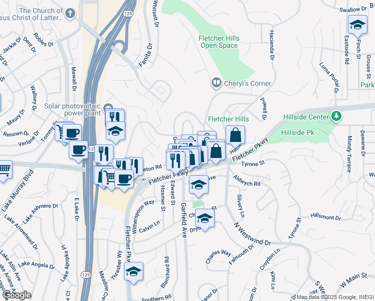 map of restaurants, bars, coffee shops, grocery stores, and more near 700 Wakefield Court in El Cajon