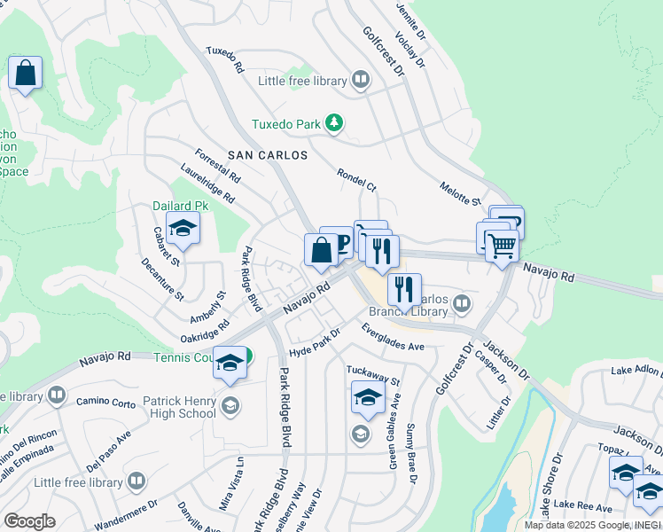 map of restaurants, bars, coffee shops, grocery stores, and more near 7448 Jackson Drive in San Diego