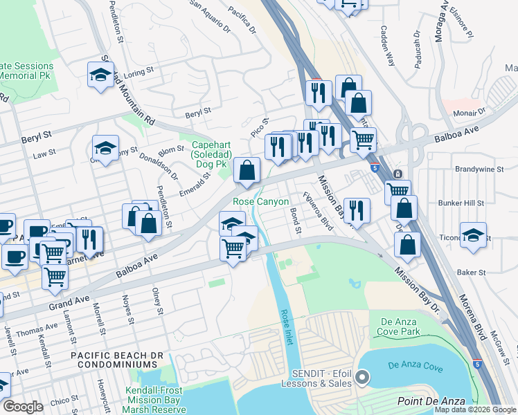 map of restaurants, bars, coffee shops, grocery stores, and more near 2603 Figueroa Boulevard in San Diego
