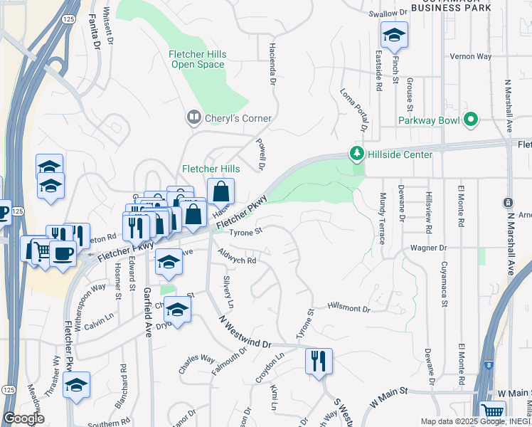 map of restaurants, bars, coffee shops, grocery stores, and more near 1958 Milford Place in El Cajon
