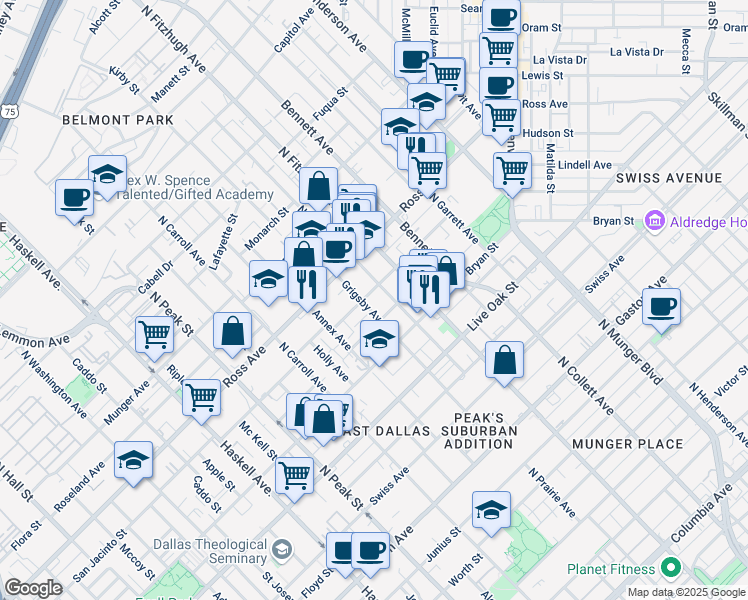 map of restaurants, bars, coffee shops, grocery stores, and more near 4710 Virginia Avenue in Dallas