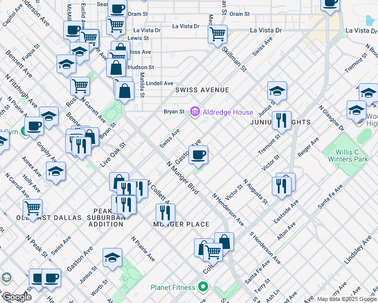 map of restaurants, bars, coffee shops, grocery stores, and more near 5374 Gaston Avenue in Dallas