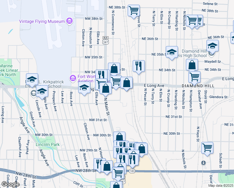 map of restaurants, bars, coffee shops, grocery stores, and more near 101-399 Northeast 32nd Street in Fort Worth