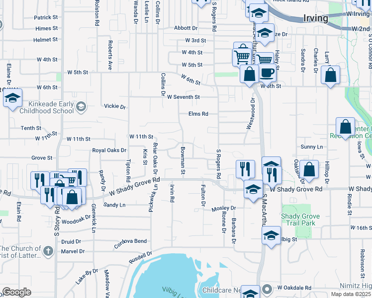 map of restaurants, bars, coffee shops, grocery stores, and more near 928 Bowman Street in Irving
