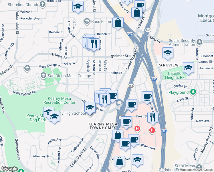 map of restaurants, bars, coffee shops, grocery stores, and more near 3271 Atlas Street in San Diego