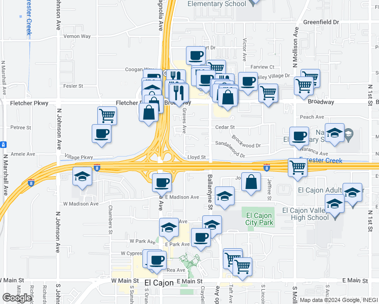 map of restaurants, bars, coffee shops, grocery stores, and more near 691 Graves Avenue in El Cajon