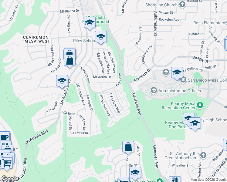 map of restaurants, bars, coffee shops, grocery stores, and more near 3222 Old Bridgeport Way in San Diego