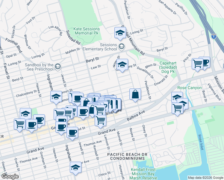 map of restaurants, bars, coffee shops, grocery stores, and more near 2004 Emerald Street in San Diego