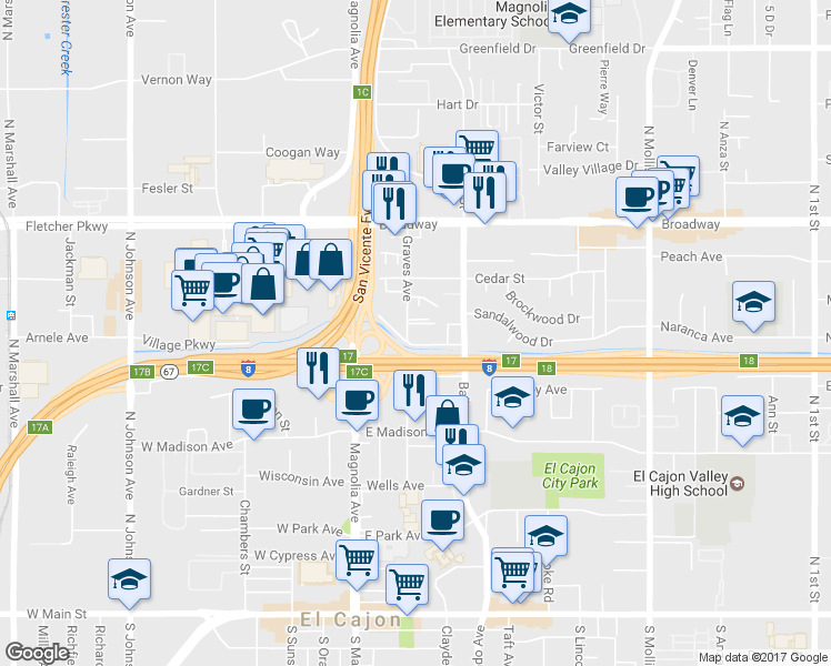 map of restaurants, bars, coffee shops, grocery stores, and more near 260 Lloyd Street in El Cajon